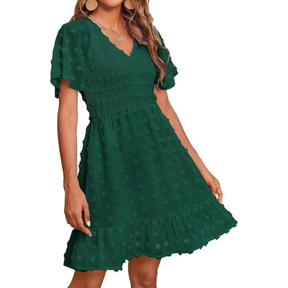 Amazon Dresses & Skirts - Women's V Neck Short Flutter Sleeve High Waist Dress Dark Green Size L